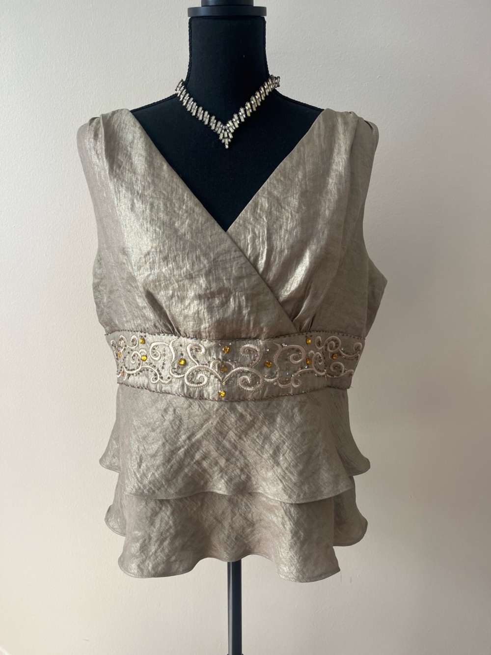 dressbarn Metallic Champagne-Taupe V-Neck Peplum Tunic with Embellished Waist